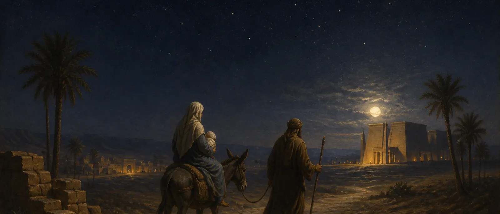 Joseph leads Mary and the infant Jesus on a donkey across a moonlit desert landscape toward distant Egyptian architecture.