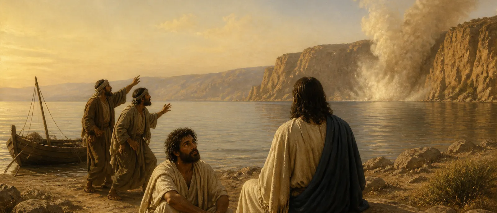 A man in clean robes sits calmly at the feet of Jesus on a rocky shore while herdsmen in the distance point toward a steep cliff and the sea.