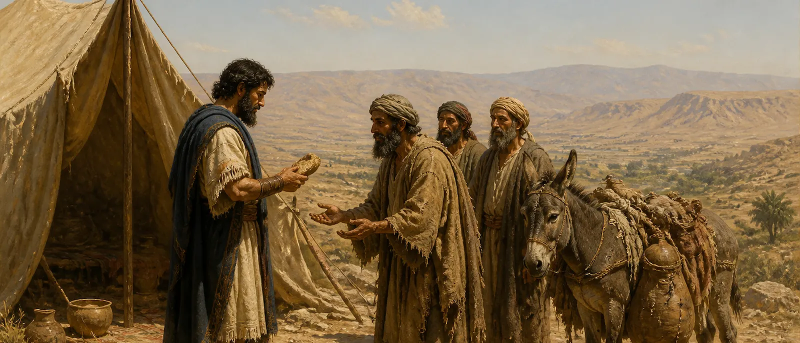 Joshua and the Israelite leaders inspect the moldy provisions and worn clothing of the Gibeonite messengers at their desert camp.
