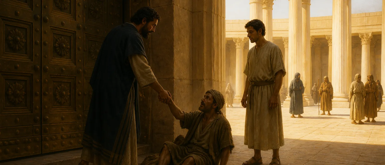Peter lifts a man from his sitting position on a temple floor while John stands beside them in a massive colonnaded gateway.