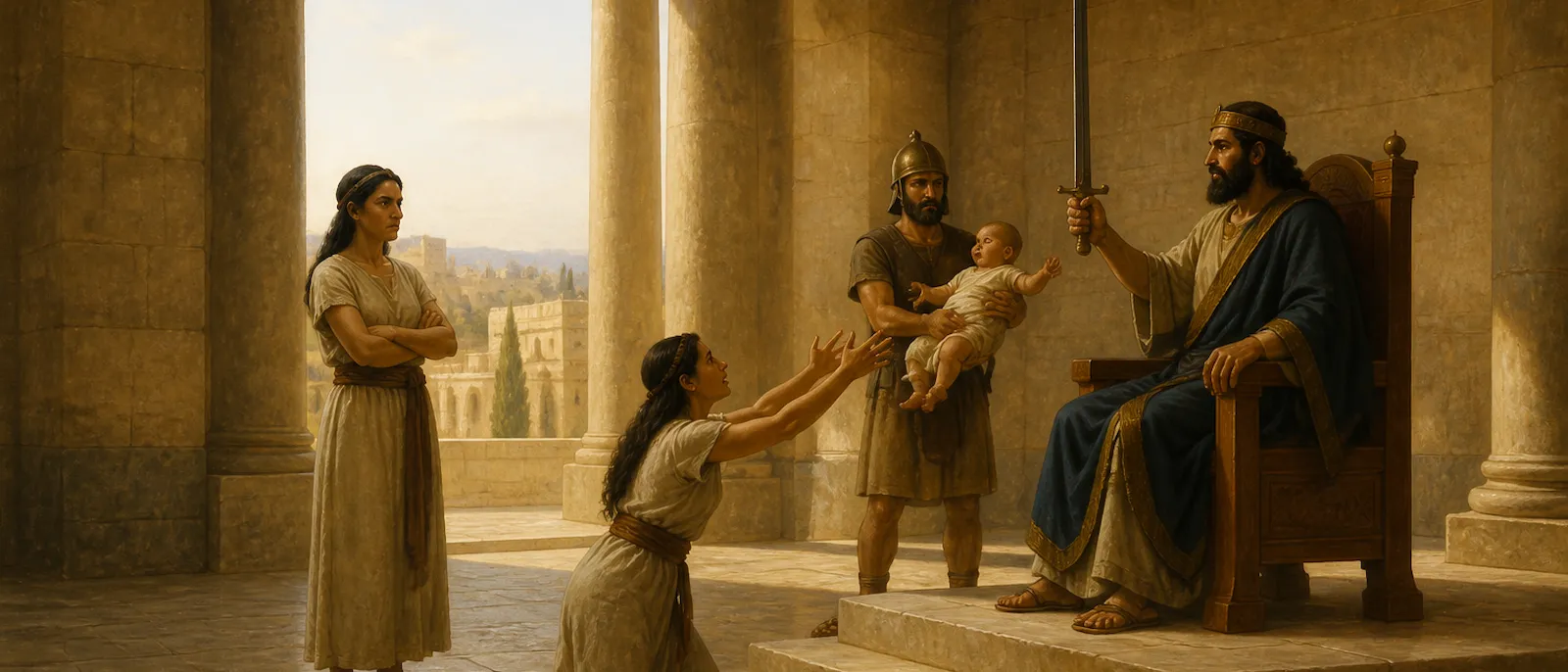 King Solomon sits on his throne holding a sword while two women plead their cases over a single infant in a stone palace hall.