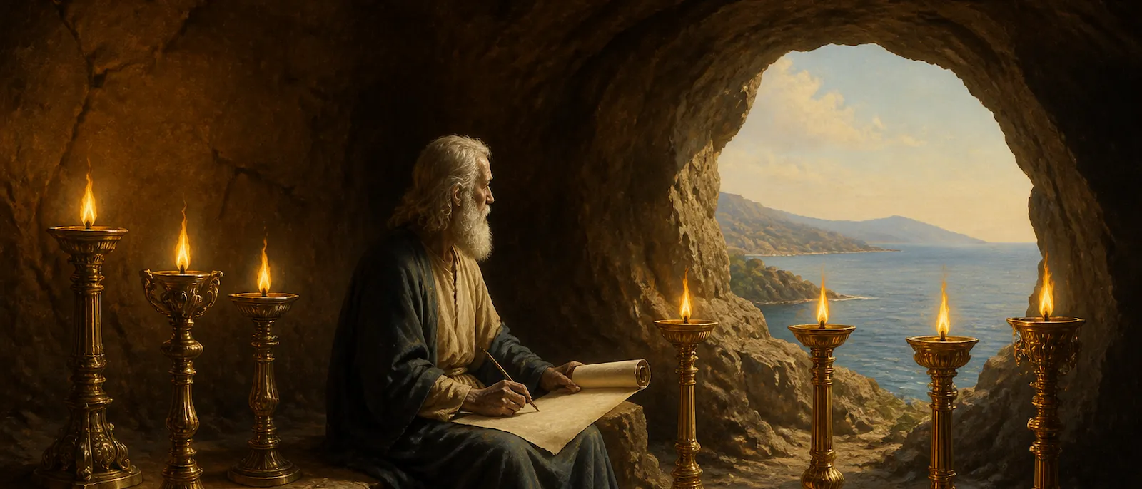 An elderly scribe on a rocky island prepares to write on a scroll next to seven ornate golden lampstands while looking toward a distant coastline.