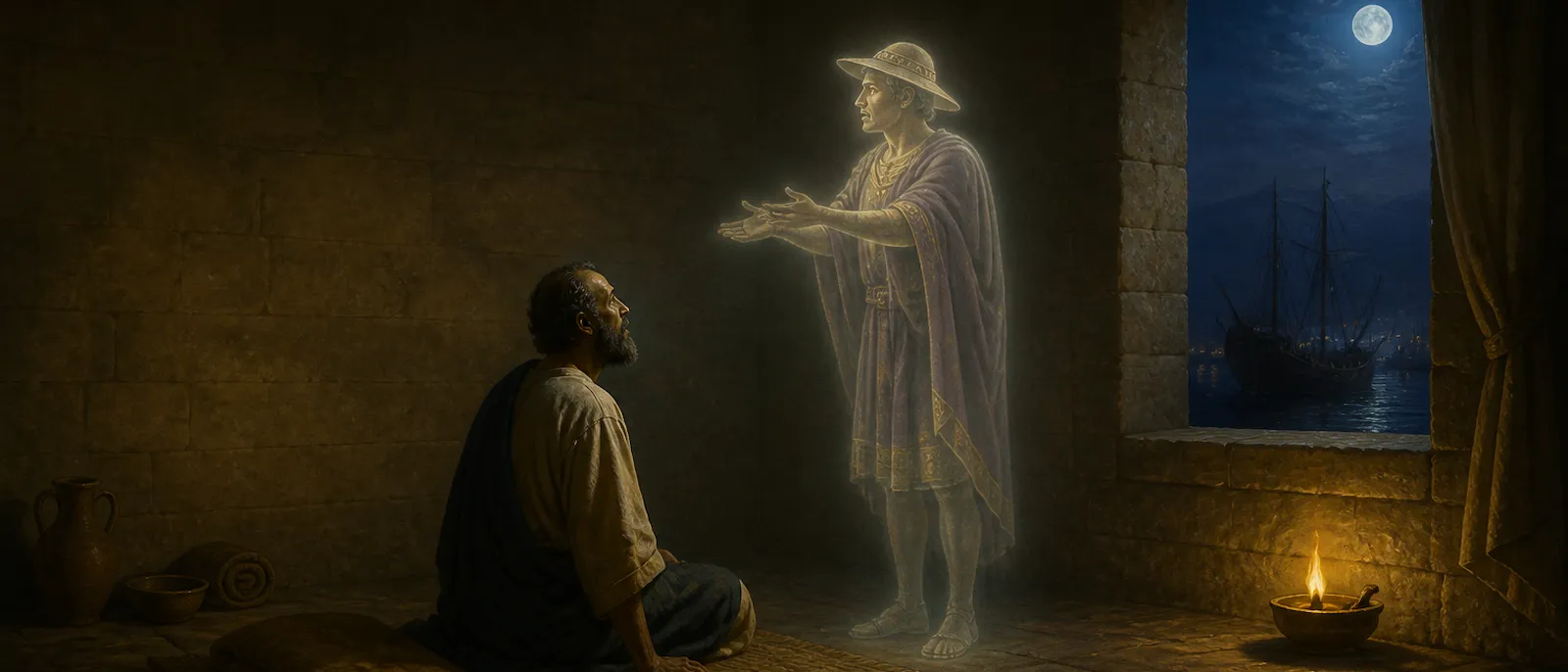 Paul the Apostle sits up in a dimly lit room as he witnesses a visionary man from Macedonia pleading for help.