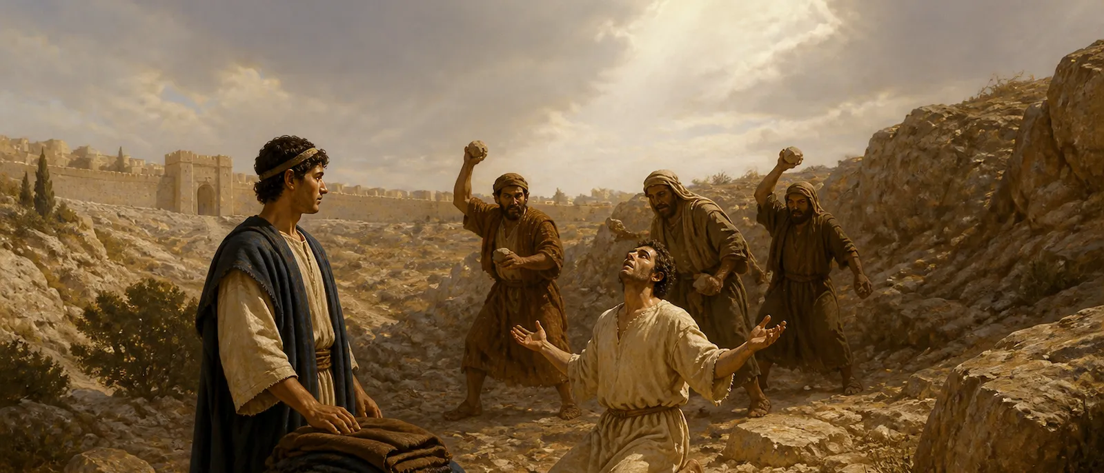 Stephen kneels in prayer as he is stoned by a small group of men outside Jerusalem while Saul watches over their cloaks.