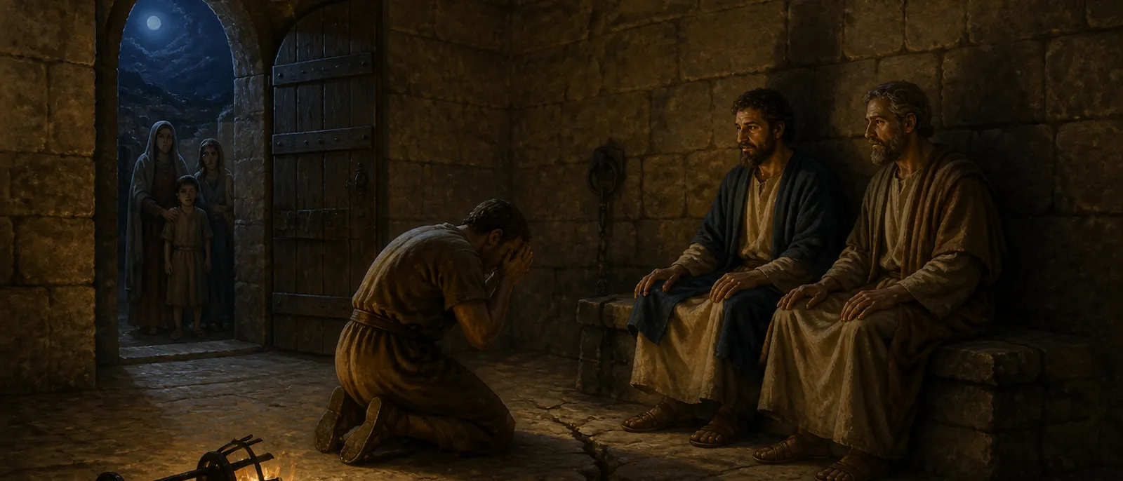A distressed Roman jailer kneels before Paul and Silas in a damaged stone prison cell at night after an earthquake.