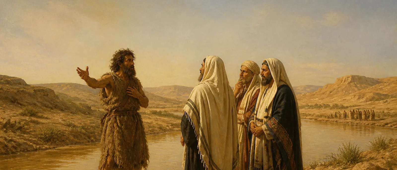 John the Baptist stands in the wilderness by a river, gesturing toward a group of listeners while wearing a garment of camel hair.