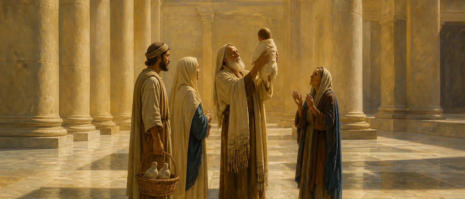 Simeon holds the infant Jesus in the temple courtyard as Mary, Joseph, and Anna watch with reverence amidst towering stone columns.
