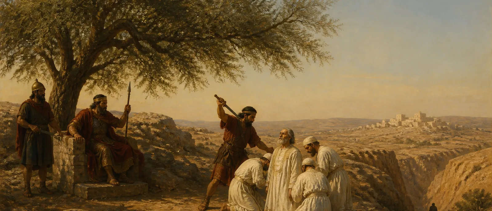 King Saul commands Doeg the Edomite to attack the priests of Nob beneath a tamarisk tree while his royal guards stand aside.