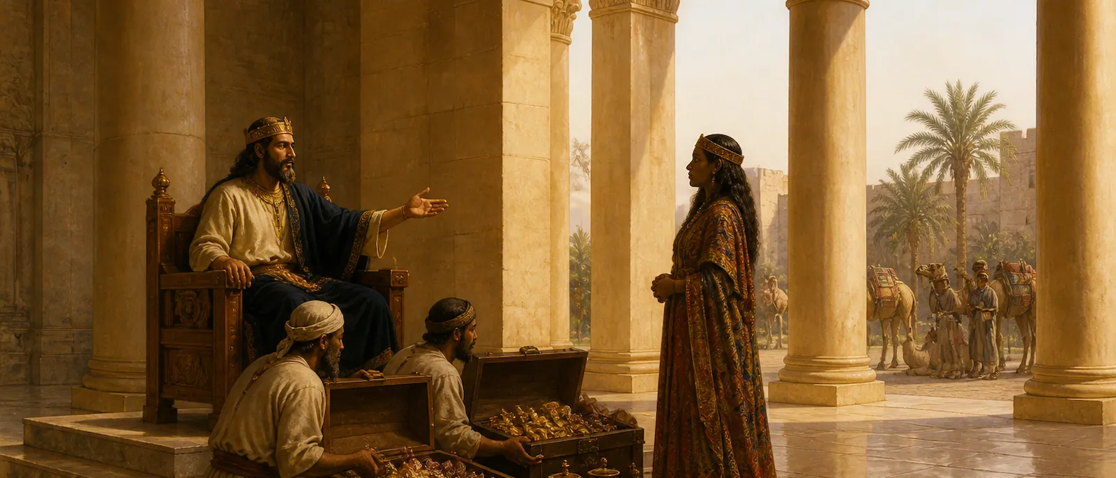 King Solomon and the Queen of Sheba stand in a grand stone palace surrounded by gifts of gold and spices brought by her camel caravan.
