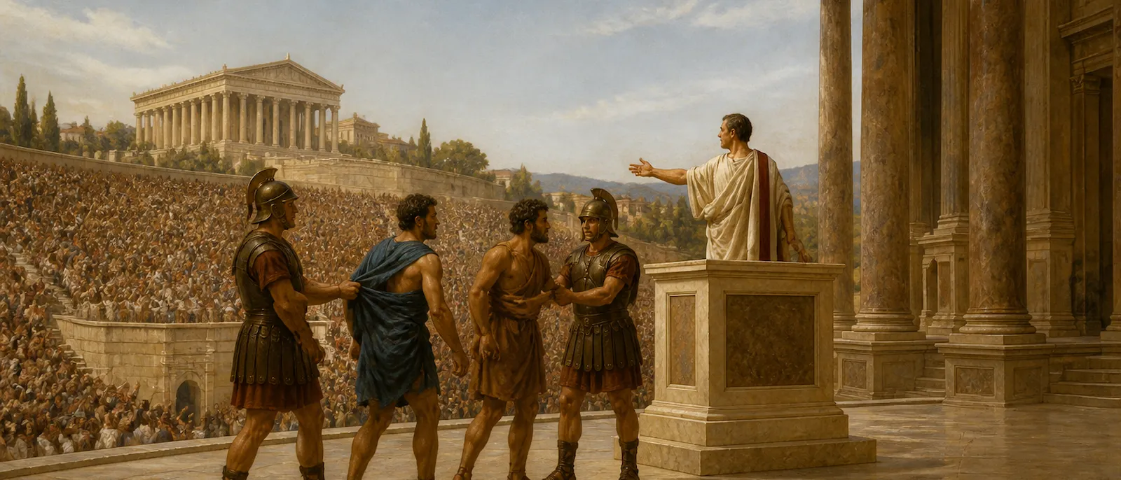 A Roman official addresses a restless assembly in a large ancient theater while two captives are held in the foreground.