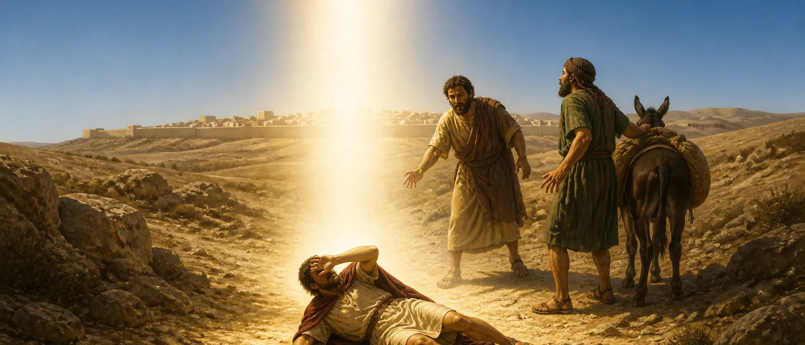 A man lies on a desert road, blinded by a brilliant light from the sky as his companions watch in confusion.
