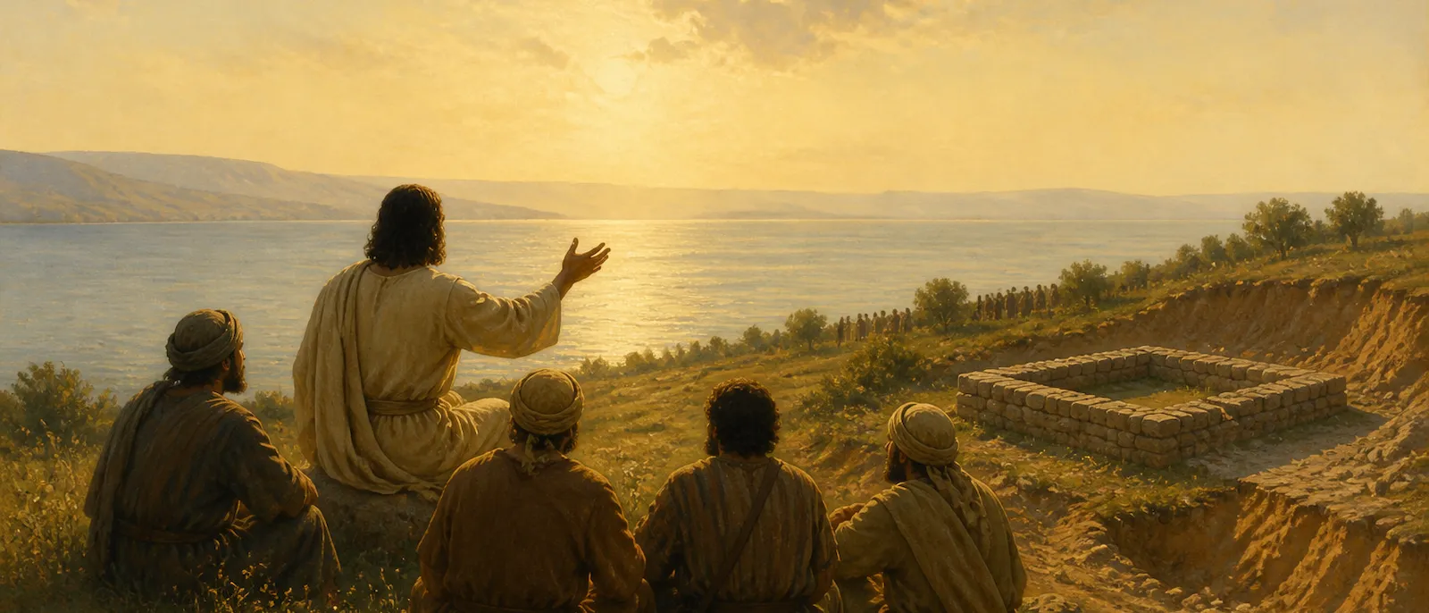 Jesus sits on a mountain slope teaching his disciples with the Sea of Galilee and a small silhouetted crowd in the distance.
