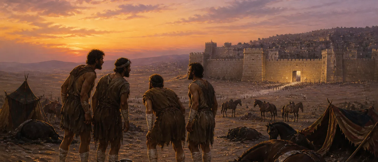 Four men with skin diseases discover a vast, empty military camp littered with treasure and supplies outside the walls of a fortified city.