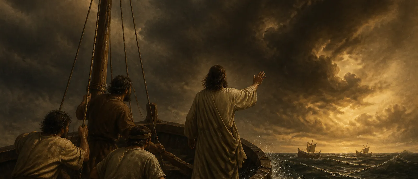 Jesus stands in a small boat during a violent storm at sea, raising his hand to calm the towering waves while his disciples look on in fear.