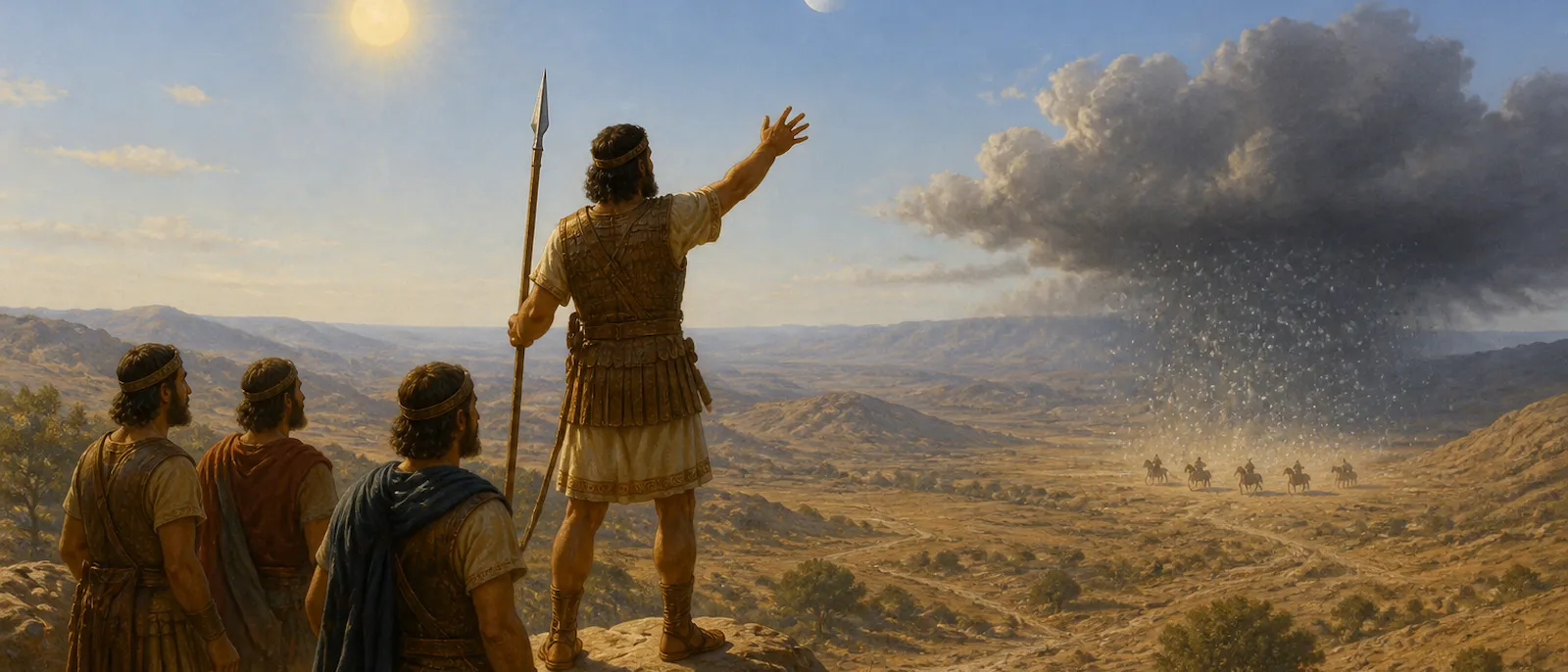 Joshua commands the sun to stand still over a valley during a battle with the Amorite coalition under a dual-lit sky.