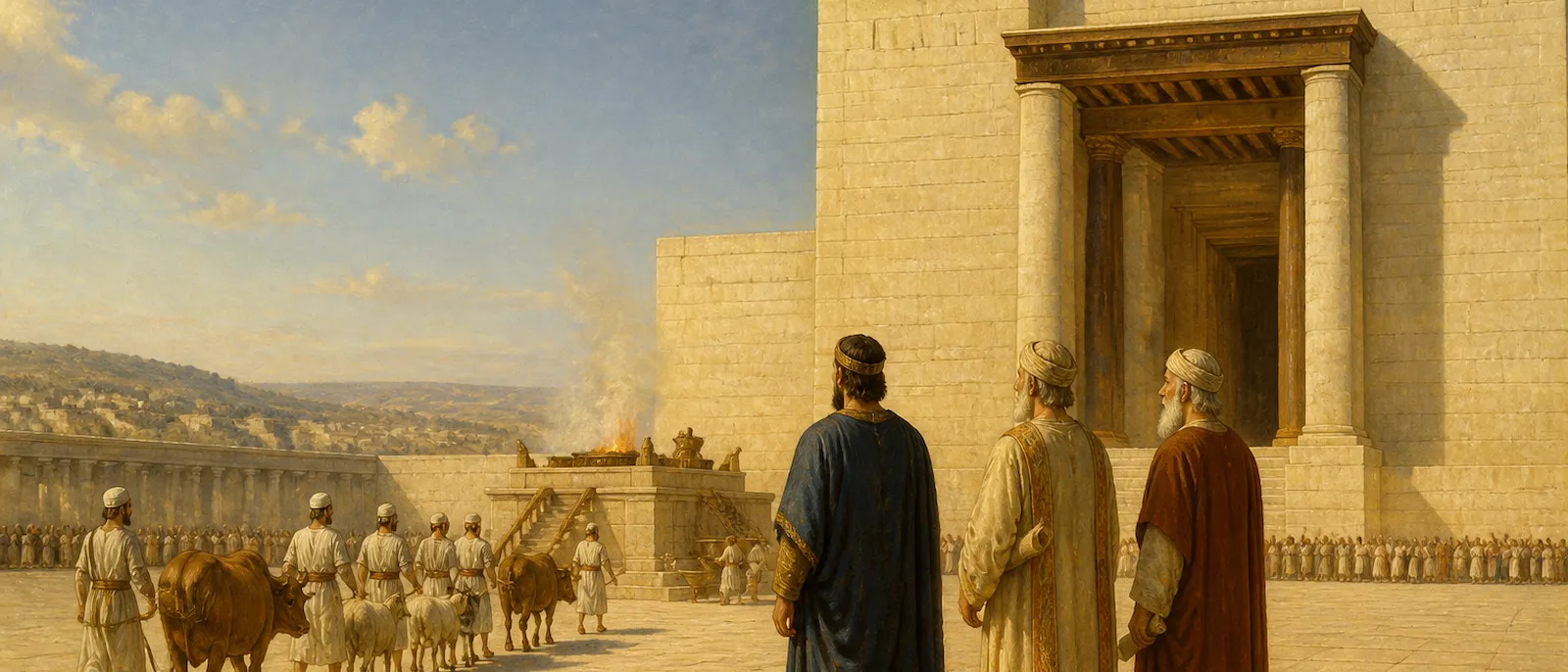 Zerubbabel and two prophets stand before the finished stone temple in Jerusalem as priests prepare sacrifices for the dedication ceremony.