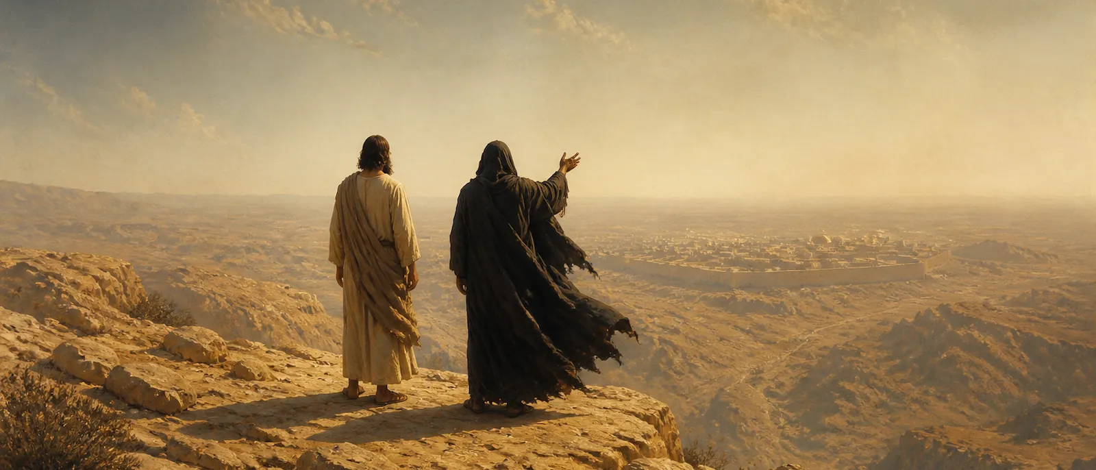 Jesus stands on a high mountain peak overlooking a vast landscape while a dark-robed figure gestures toward the horizon.