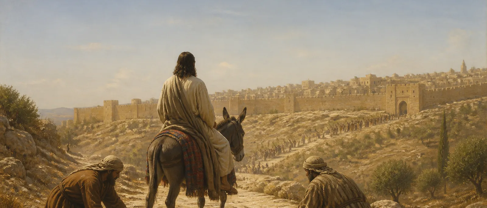 A man rides a donkey down a path covered in palm branches and cloaks as he approaches a walled city.
