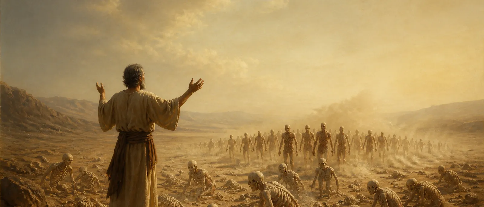 Ezekiel stands in a desert valley as scattered bones come together and transform into a vast army of living people.