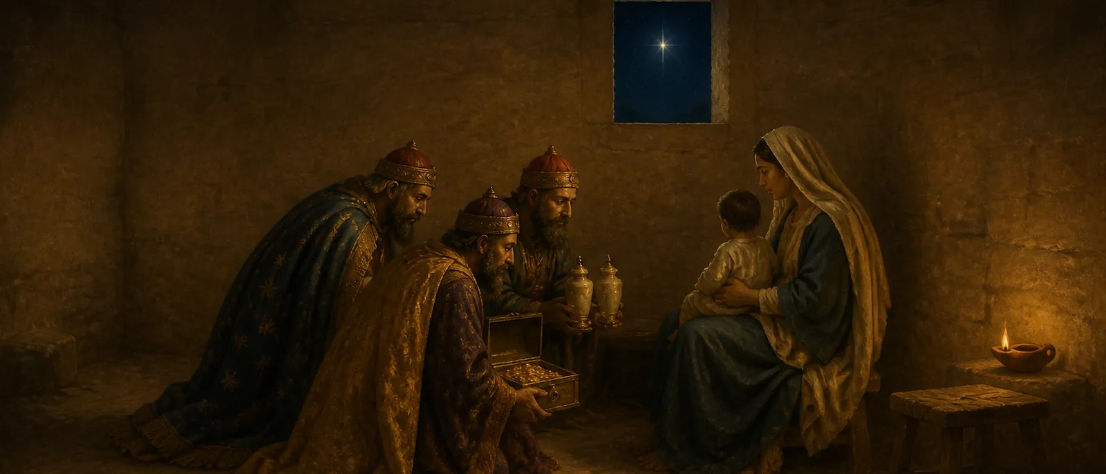 The Magi kneel before Mary and the young Jesus in a simple house, presenting gifts of gold, frankincense, and myrrh under the light of a star.