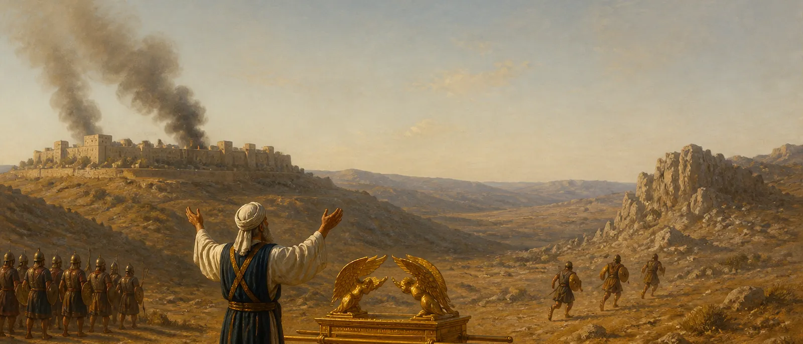 A priest in white linen stands before the Ark of the Covenant while smoke rises from a distant city and soldiers retreat into the hills.