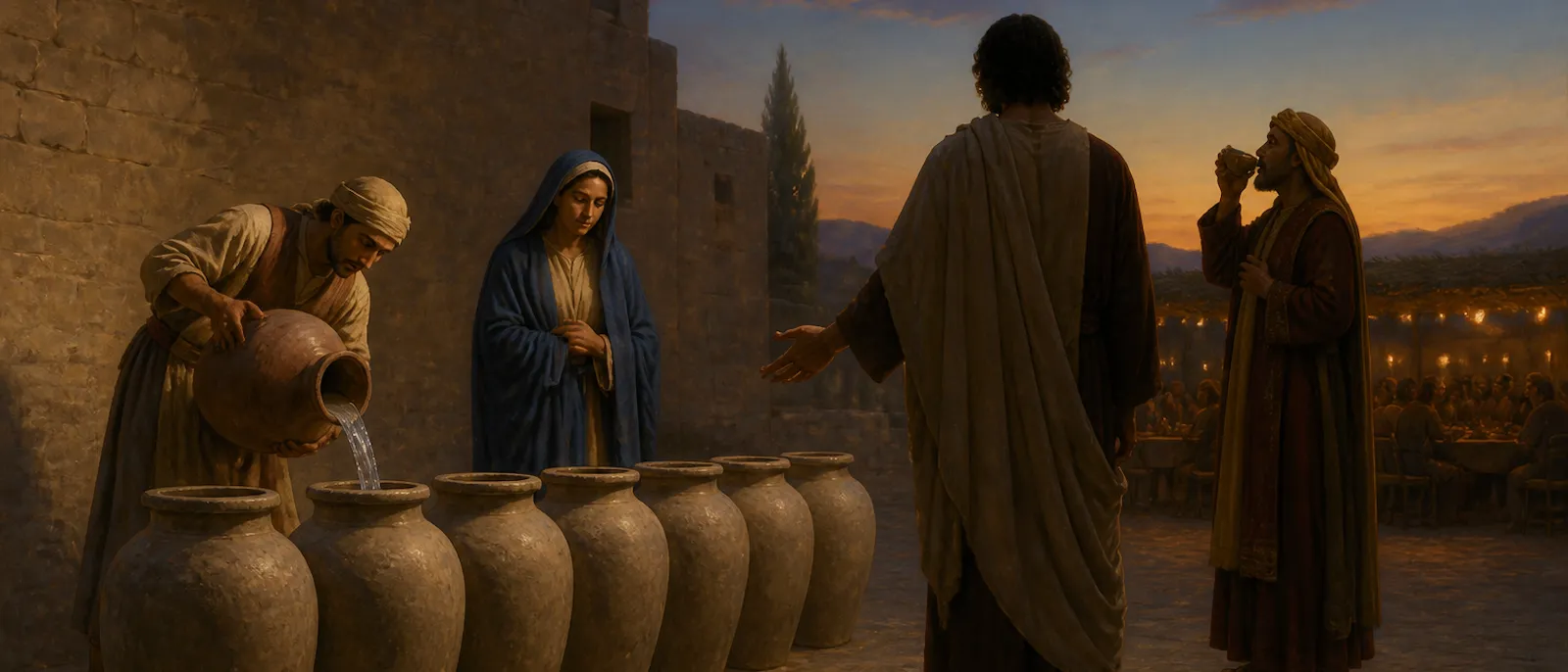 Jesus stands near six large stone water jars while a servant pours water that is being transformed into wine during a wedding feast.