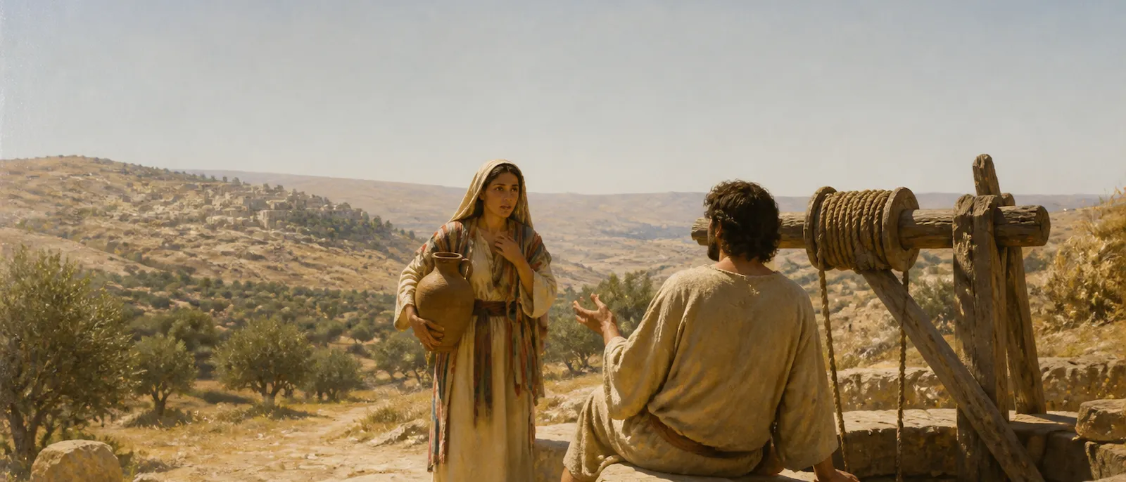 A man and a woman stand talking beside a stone well in a dry, rocky landscape.