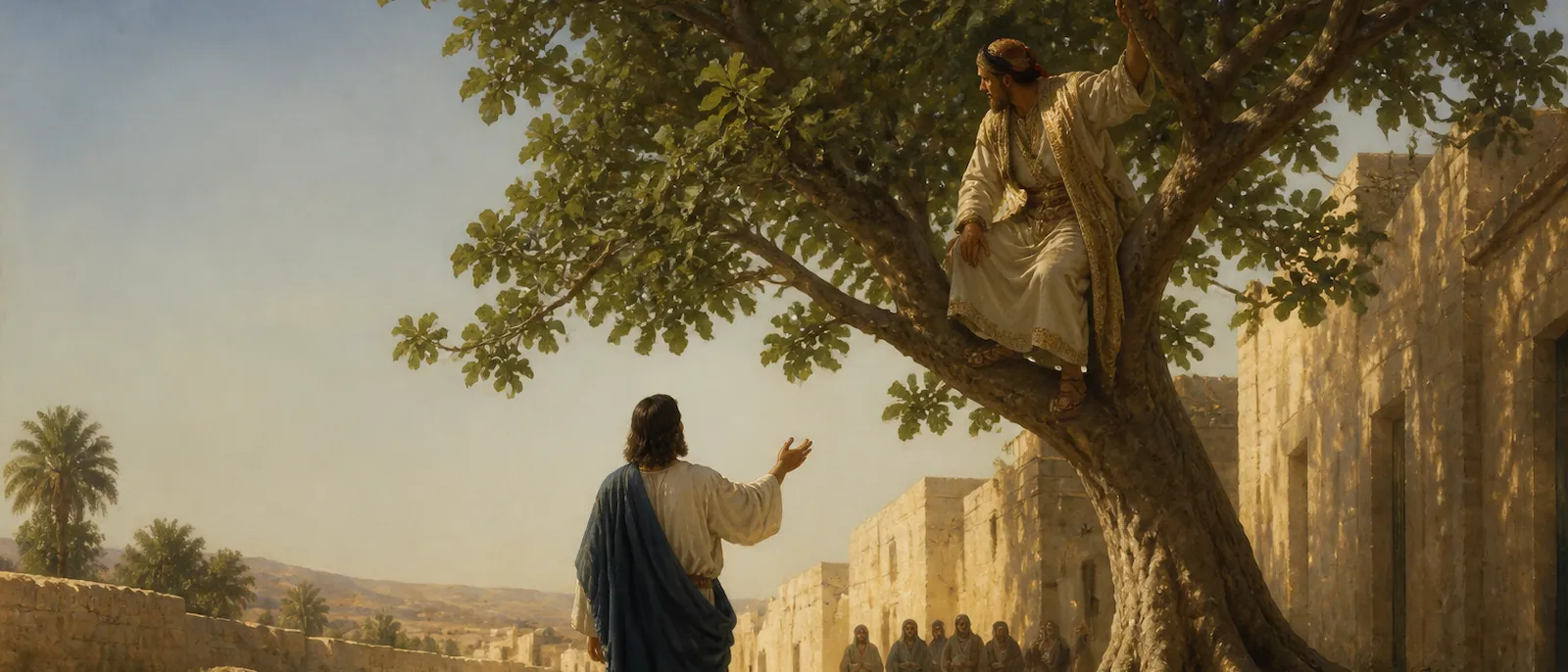 Zacchaeus sits in the branches of a sycamore tree as Jesus looks up and speaks to him on a dusty road in Jericho.