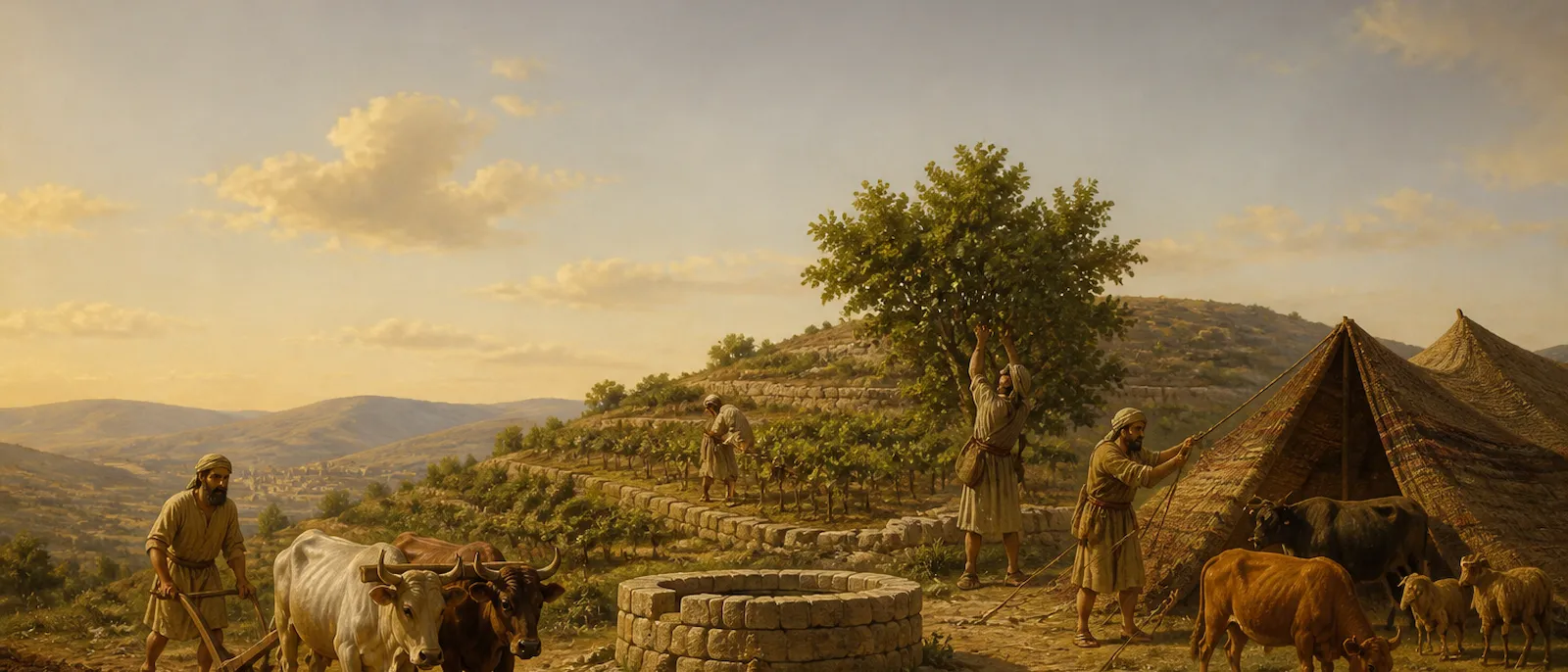 Ancient farmers and herdsmen labor in the fields, plowing soil with oxen, tending to vineyards, and managing livestock near nomadic tents.
