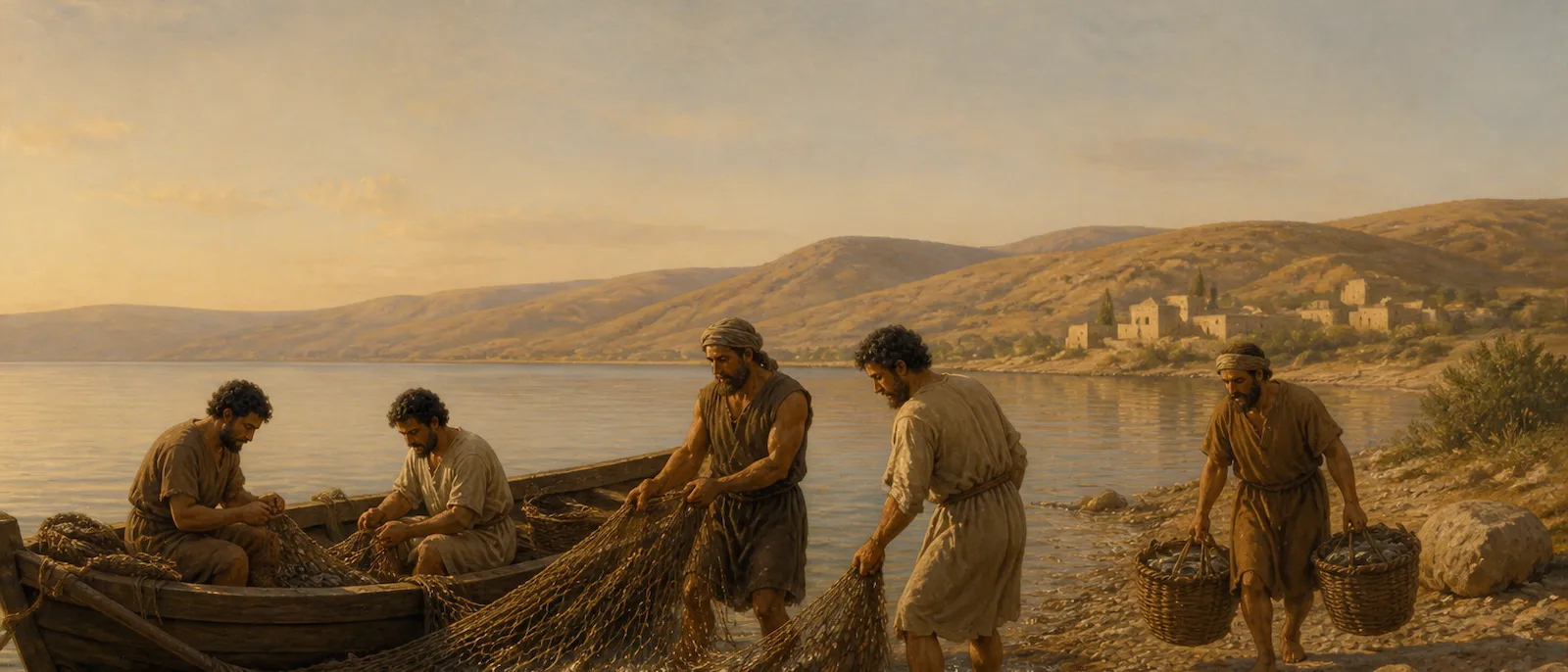 Several men in simple ancient tunics work together on a shore to haul in nets and sort a large catch of fish near a wooden boat.