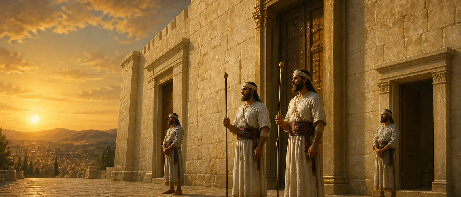 Levite gatekeepers stand at the stone entrances and storeroom gates of the temple complex under a clear sky.