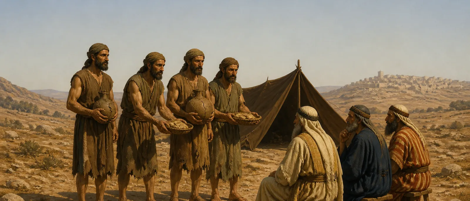 Gibeonite messengers in frayed clothing present weathered sacks and dry provisions to leaders outside a nomadic camp.