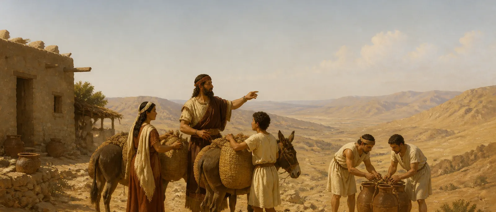 A group of ancient Canaanite people prepare their livestock and goods for travel near a small stone and mud-brick home in a hilly, semi-arid landscape.