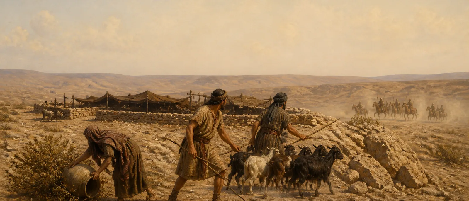 Ancient pastoralists attempt to secure their livestock and belongings in a rocky desert landscape as a group of raiders approaches from the horizon.