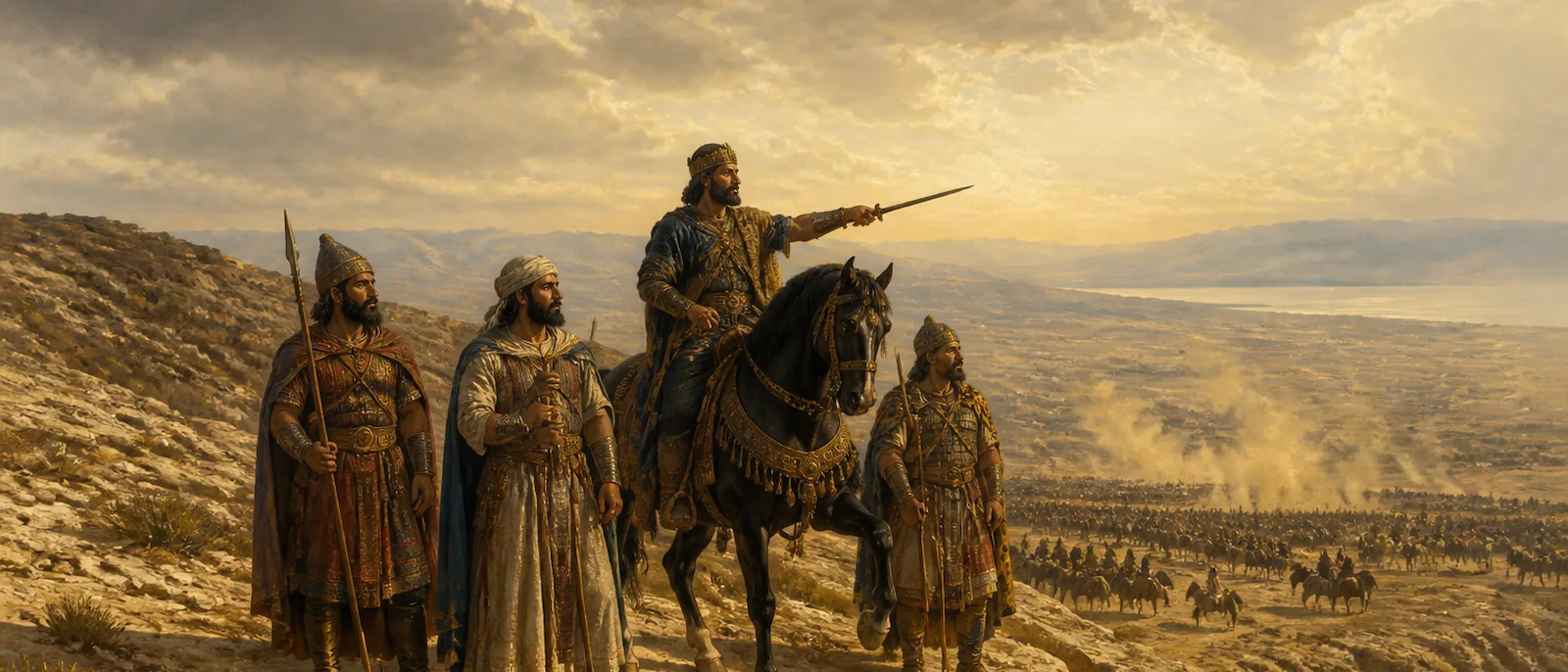 A group of ancient tribal kings and their warriors stand on a rocky desert ridge overlooking a valley during a military campaign.