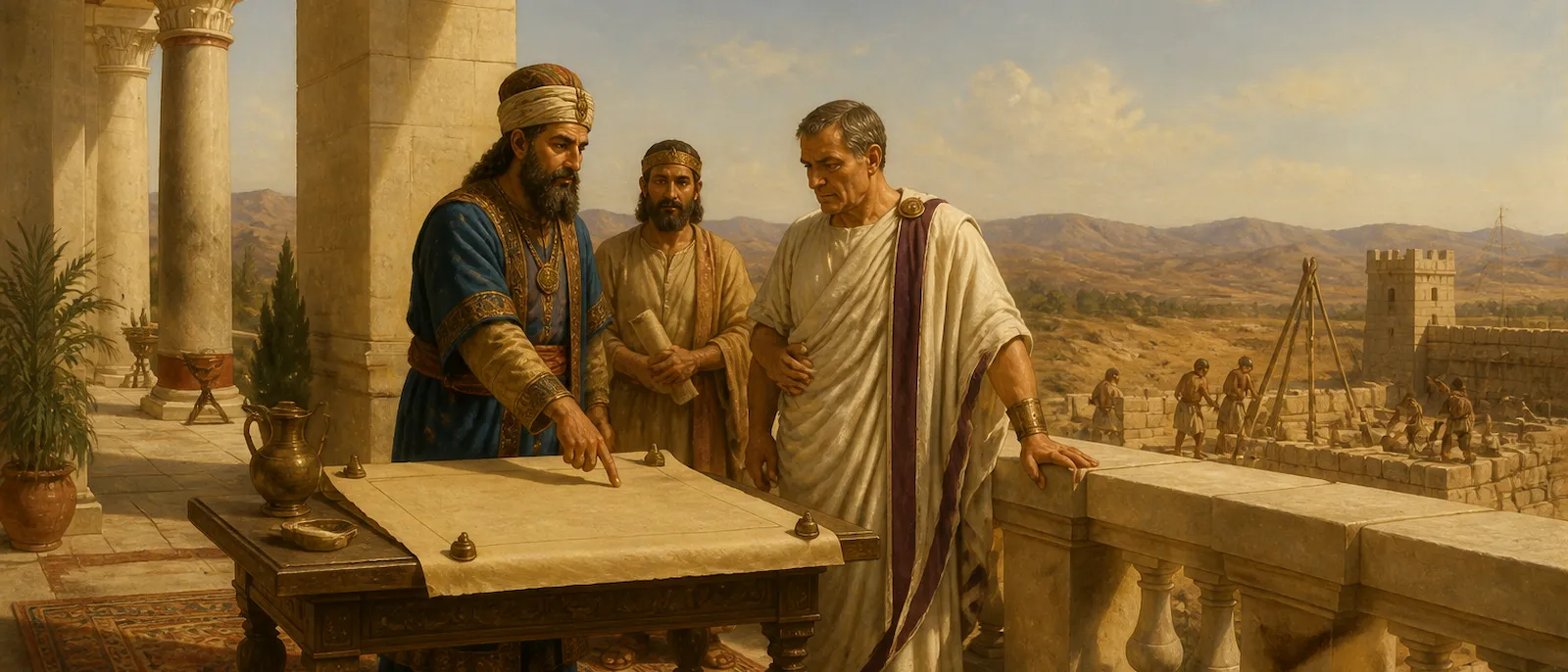 Three ancient governors from different historical periods stand together in a stone courtyard discussing construction plans near a rising city wall.