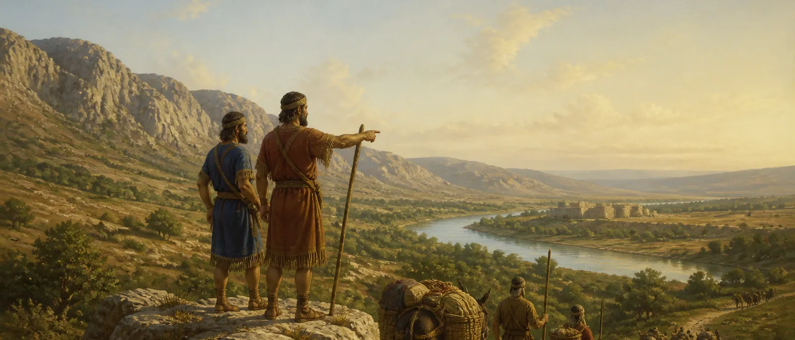 A group of ancient Hamathite settlers overlooks a river valley near the northern border of Canaan as they prepare to build a new city.