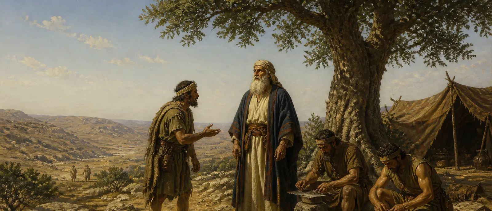 A group of ancient nomadic men stand near a large oak tree in a rocky valley as a messenger arrives to deliver news.