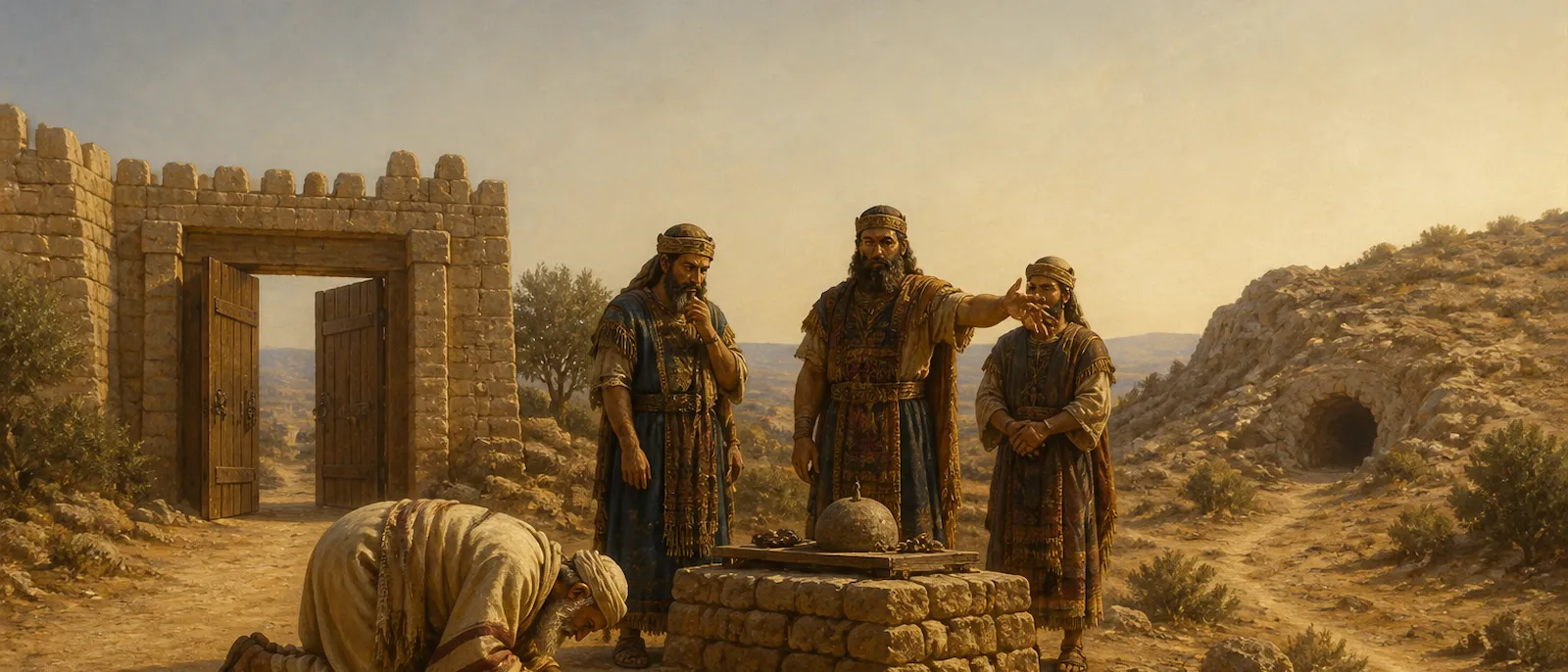 Abraham bows before Ephron and the Hittite leaders at the ancient stone city gate of Hebron to purchase a burial field.