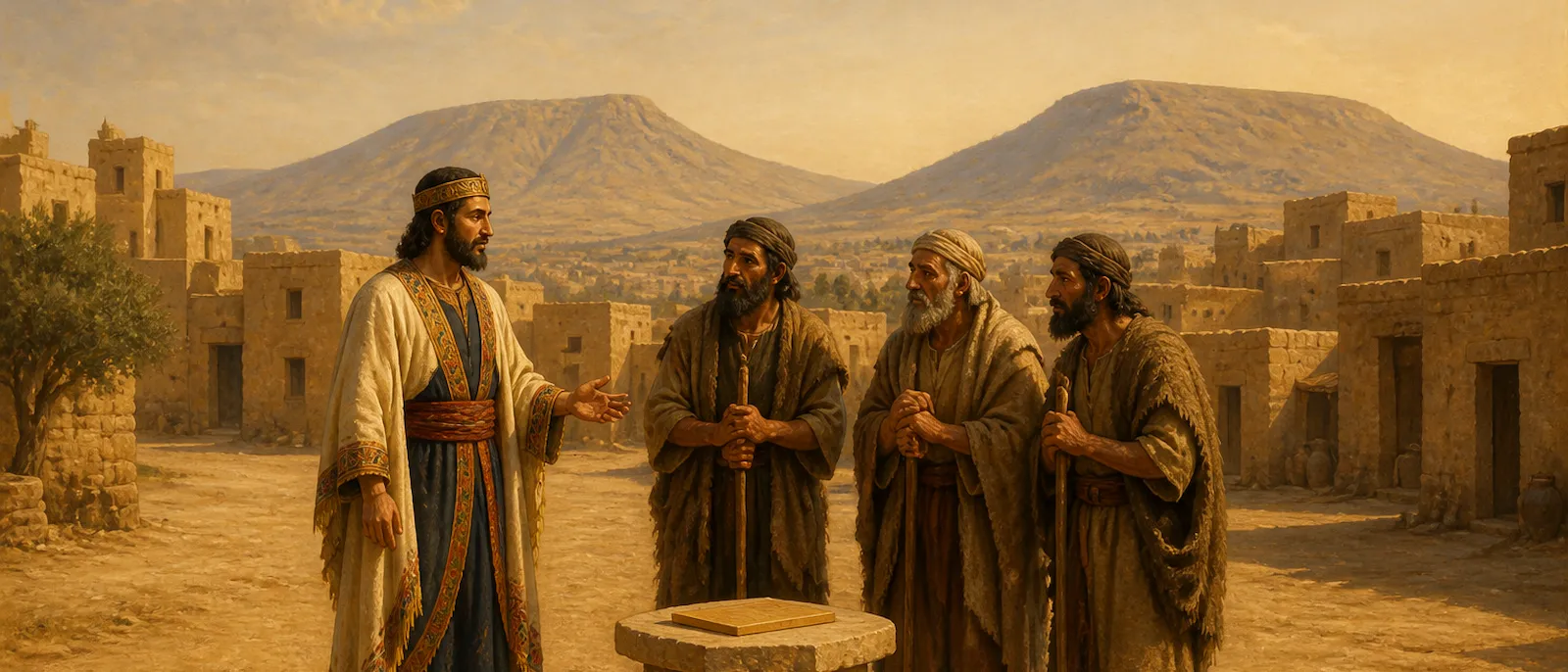 A group of Hivite leaders in fine robes discuss terms with nomadic shepherds in a dusty ancient Canaanite city courtyard.