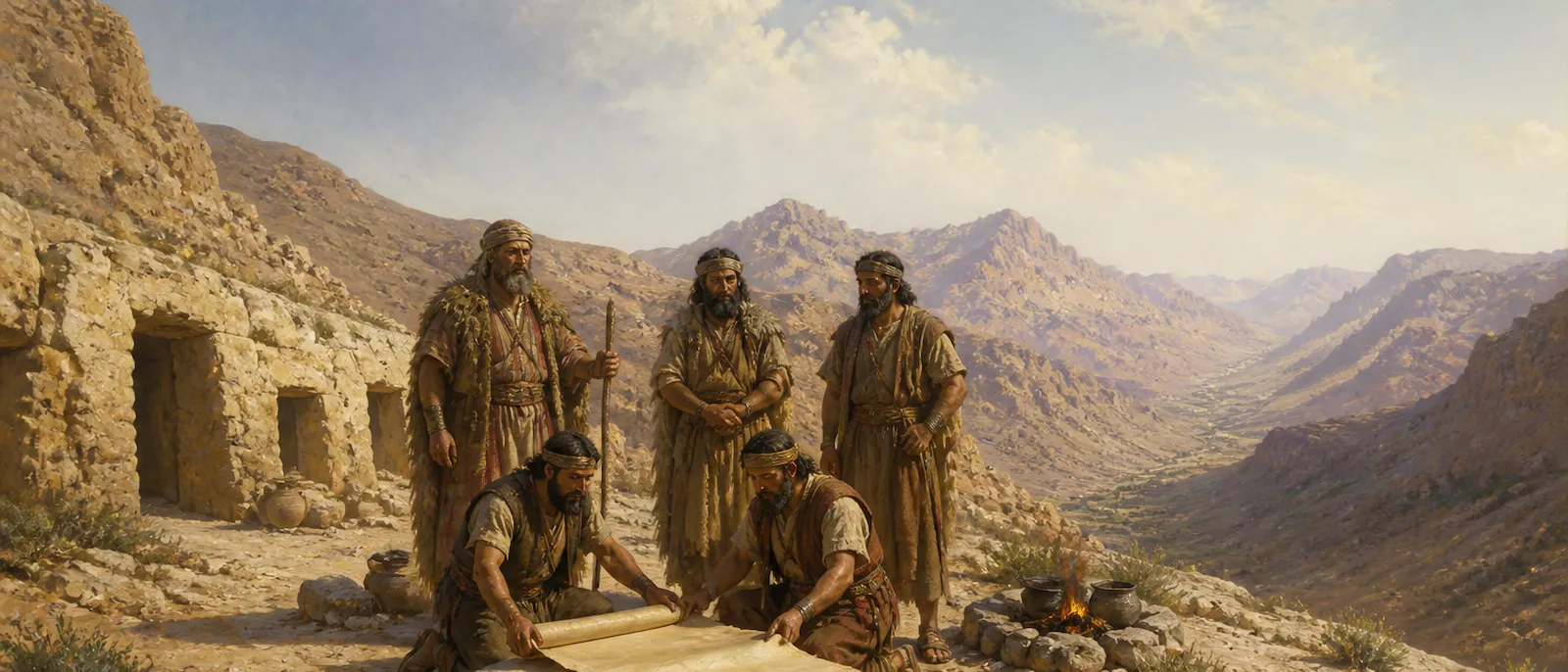 Seven tribal leaders of the Horites gather near cliffside dwellings in the mountains of Seir to consult a blank scroll.