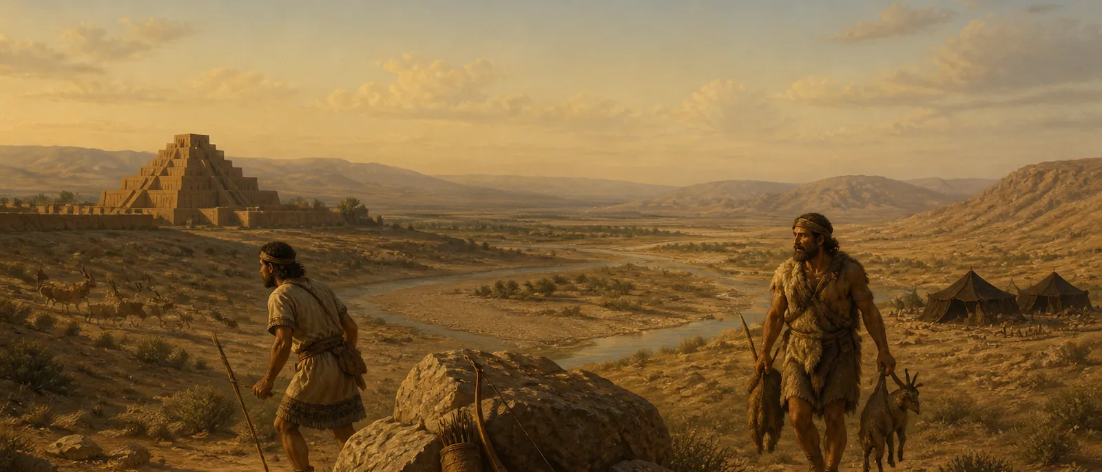 Two men hunt in separate ancient landscapes, one near a rising brick structure and the other in a wild field with nomadic tents in the distance.