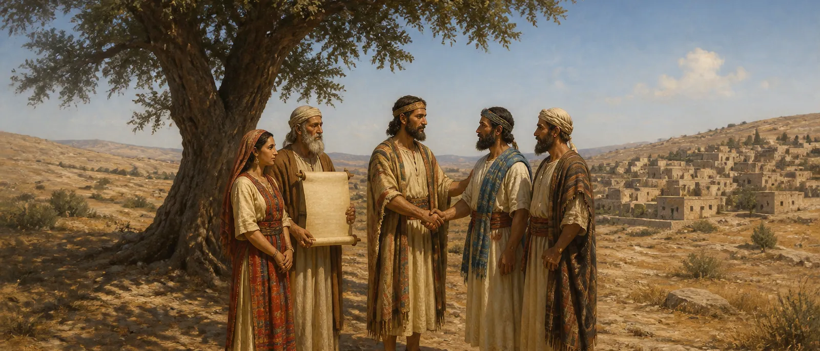 A Benjamite man stands with Huppite and Shuppite clan leaders near a village elder holding a blank scroll under a large tree.