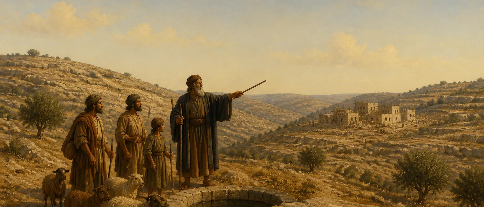 A group of ancient Benjamite settlers stands near a valley cistern with stone dwellings and terraced hills in the background.