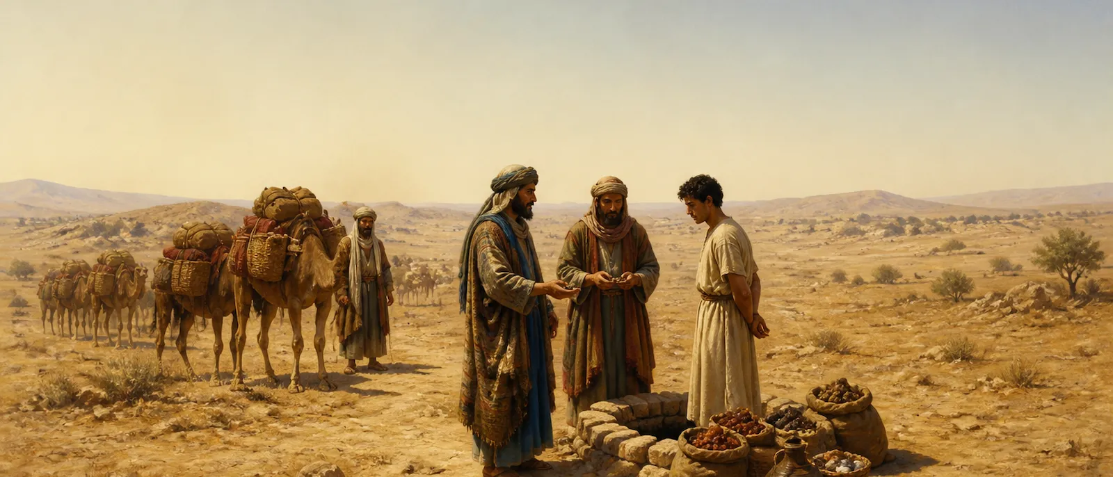 Ancient traders with a camel caravan purchase a young man near a dry cistern in a desert landscape.
