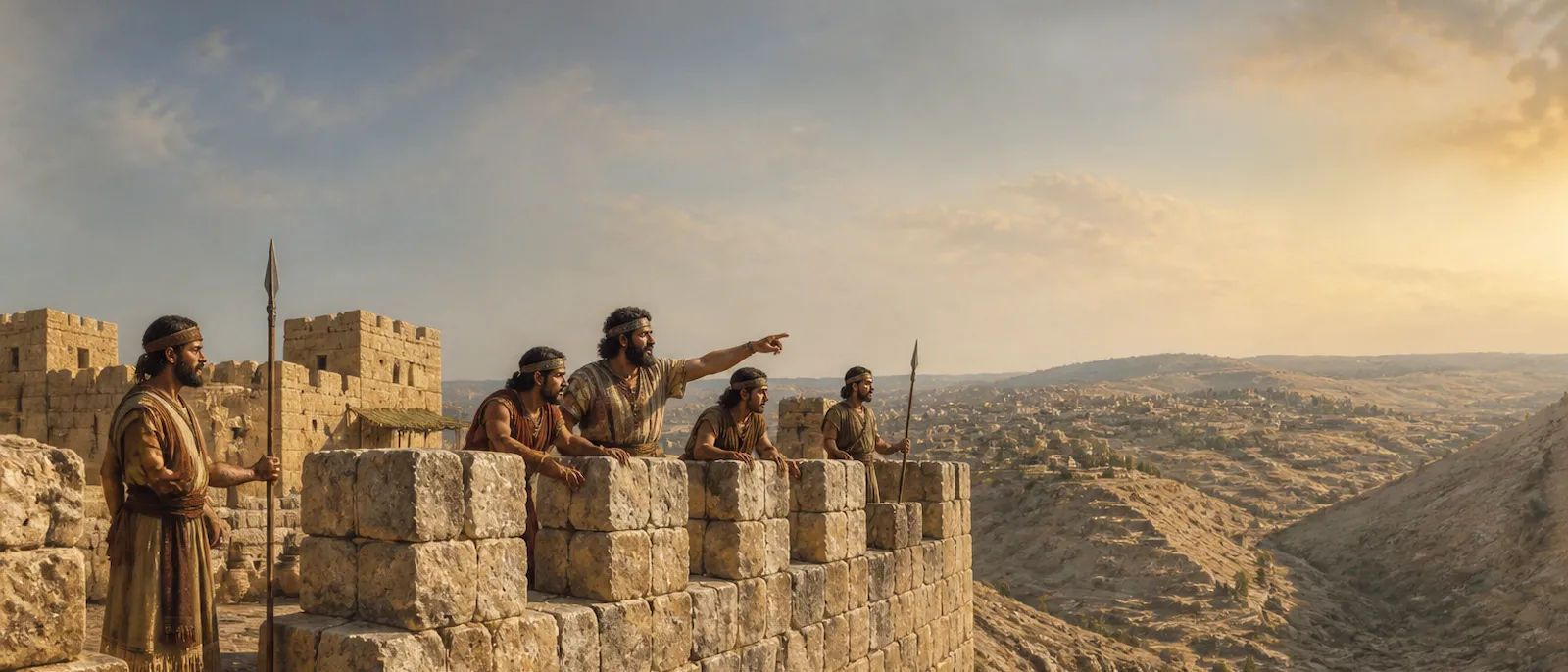 Jebusite warriors stand on the high stone walls of ancient Jerusalem looking out over a steep valley.