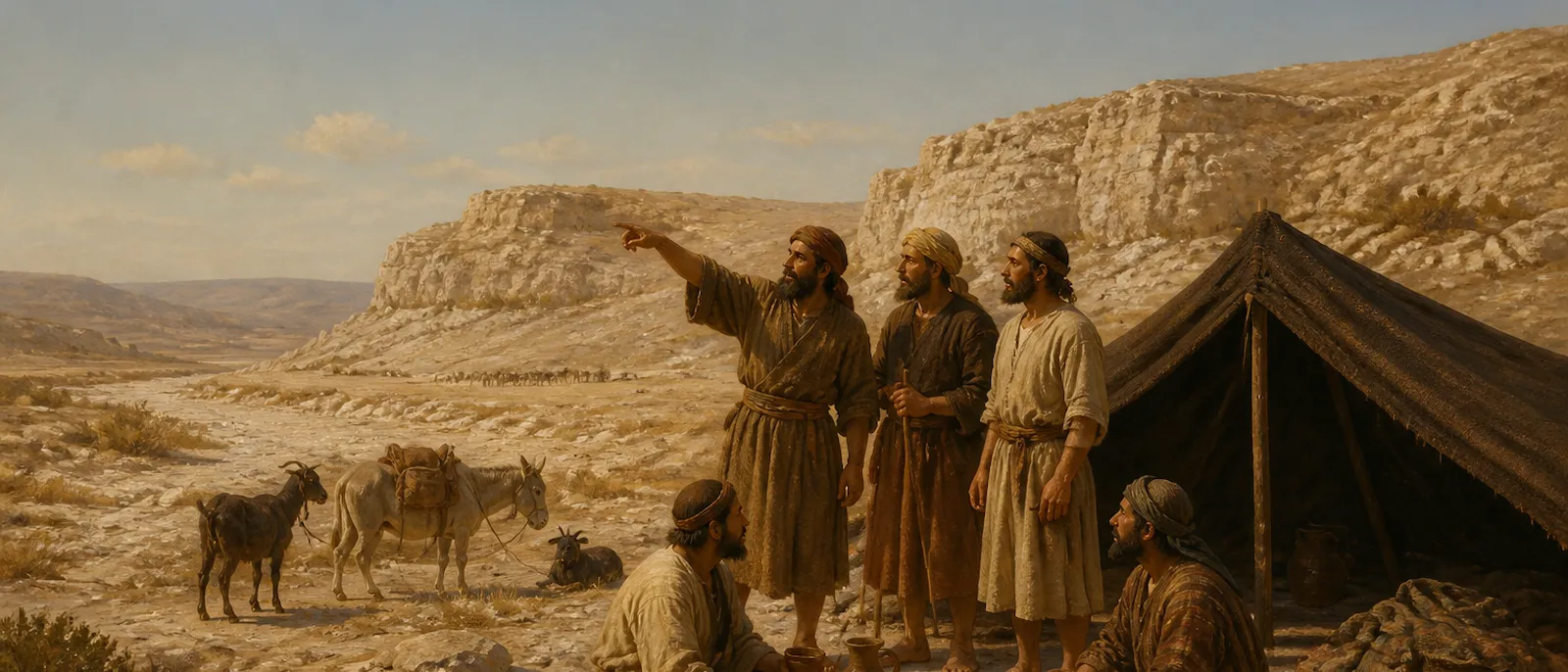 Kenite nomads host Hebrew guests outside their dark tents in a rugged desert valley with rocky cliffs in the background.