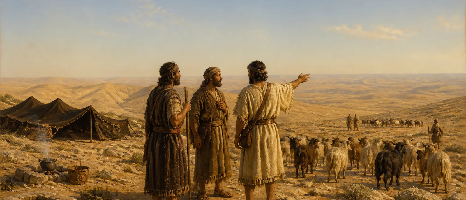 A group of ancient Kenizzite men stand with their livestock in a rugged, sun-drenched desert landscape near their simple nomadic dwellings.