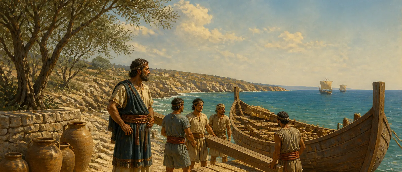 A group of ancient seafaring men prepare a wooden ship for departure on a rocky Mediterranean shore with other vessels visible in the distance.