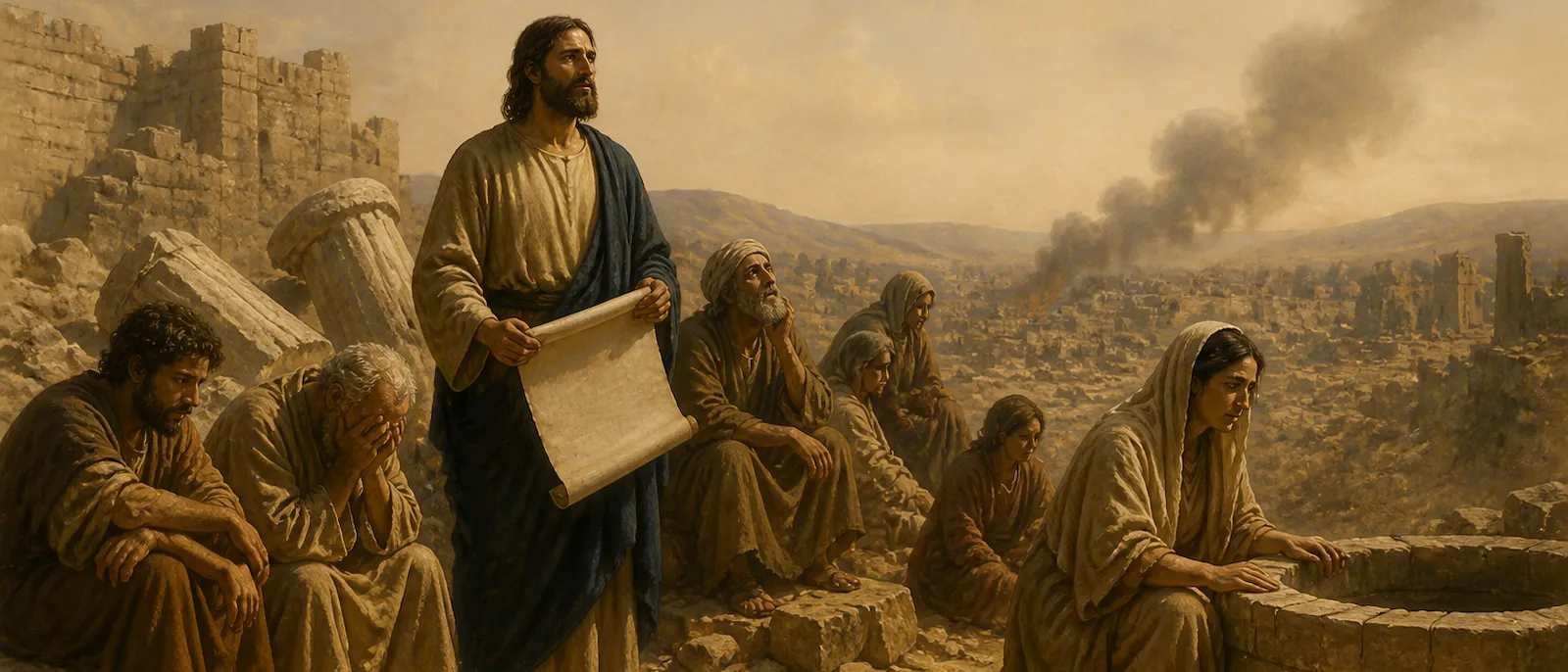 A group of weary survivors mourns among the ruins and fallen stones of a devastated ancient city.
